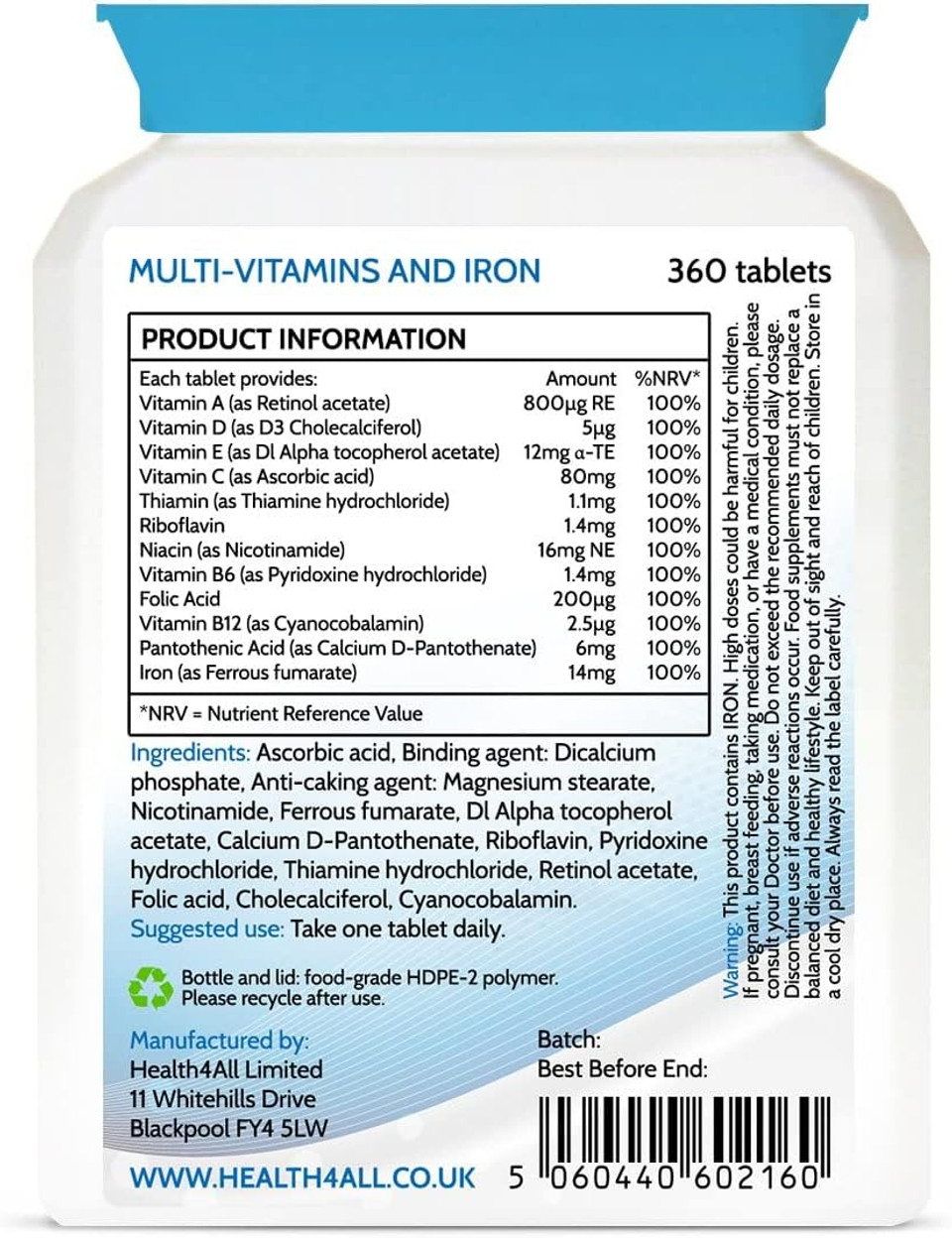 Health4All Multivitamins & Iron One a Day 360 Tablets 100% RDA 1 year supply