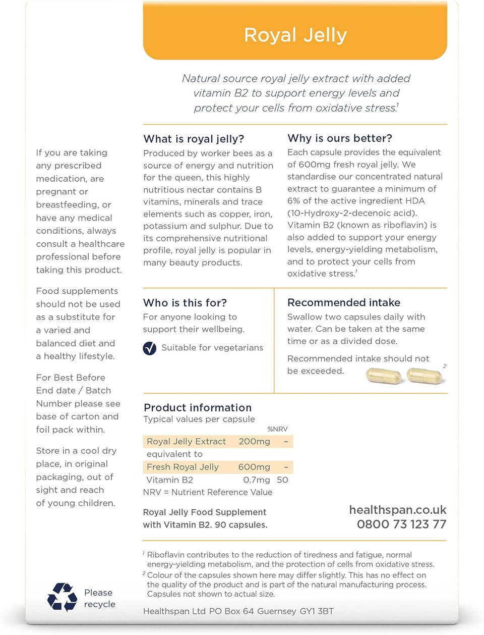 Healthspan Royal Jelly 600mg (90 Capsules) | Reduce Tiredness & Fatigue | Added Vitamin B2 to Support Energy Levels & Protect Against Oxidative Stress | Minimum 6% HDA | Fatty Acids | Vegetarian