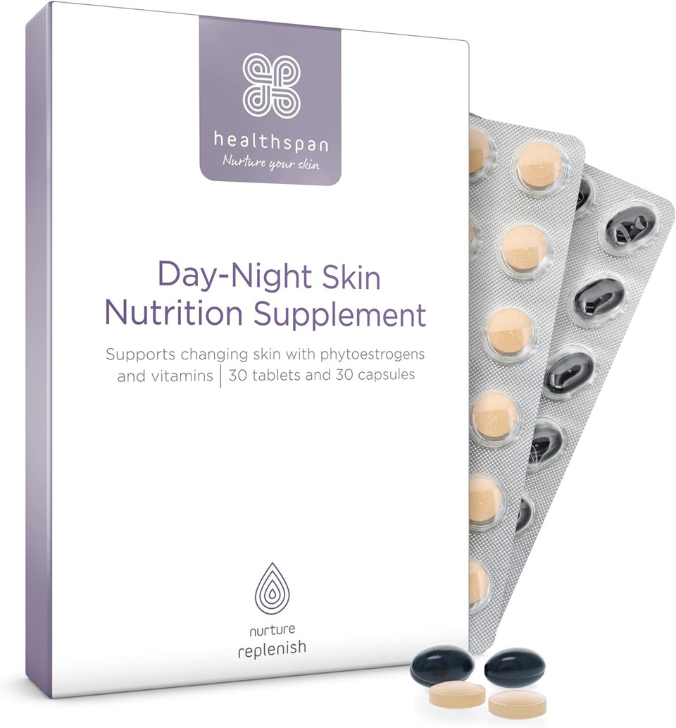 Healthspan Replenish Day-Night Skin Nutrition Supplement (1 Month Supply) | Contains Soy Bean Extract & Omega 3 With Vitamins C & E | Skin Care | Vegetarian