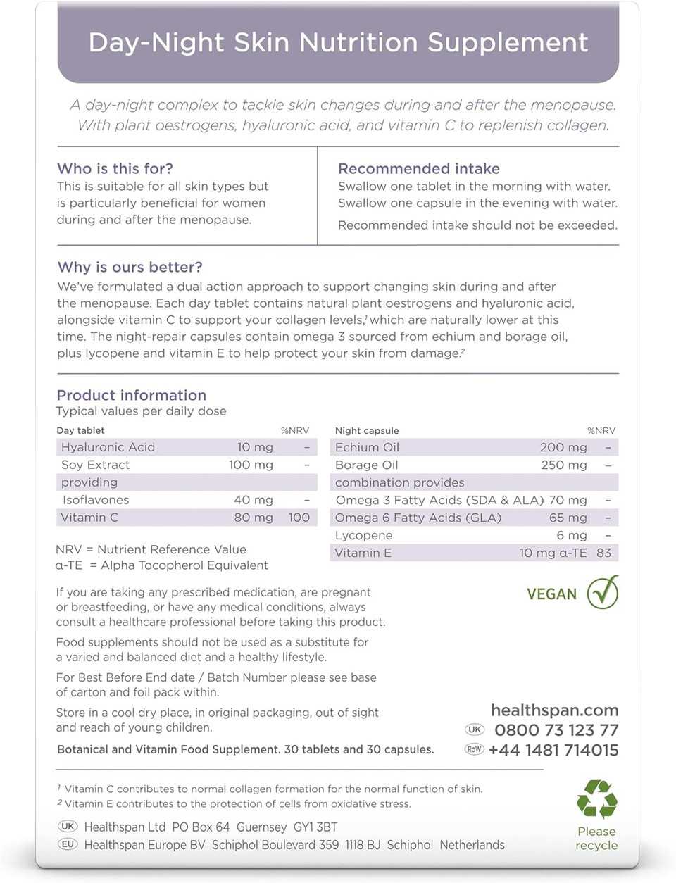 Healthspan Replenish Day-Night Skin Nutrition Supplement (1 Month Supply) | Contains Soy Bean Extract & Omega 3 With Vitamins C & E | Skin Care | Vegetarian