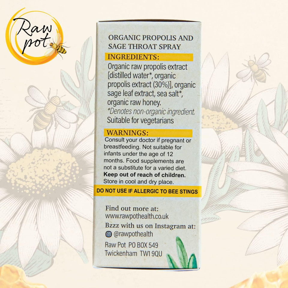 Raw Pot - Organic Propolis And Sage Throat Spray | Alcohol-Free 100% Pure Raw Bee Propolis Extract & Sage | Relief Sore Throat Spray & Soothes Pain, Immunity Support | Kids & Adults (30Ml)