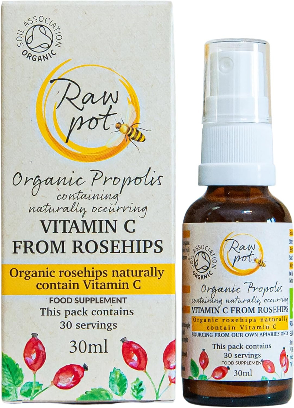 Raw Pot - Organic Propolis With Vitamin C From Rosehips Throat Spray - Alcohol-Free 100% Pure Raw Bee Propolis Extract Spray | Sore Throat Immunity Support Supplement | Kids & Adults (30Ml)