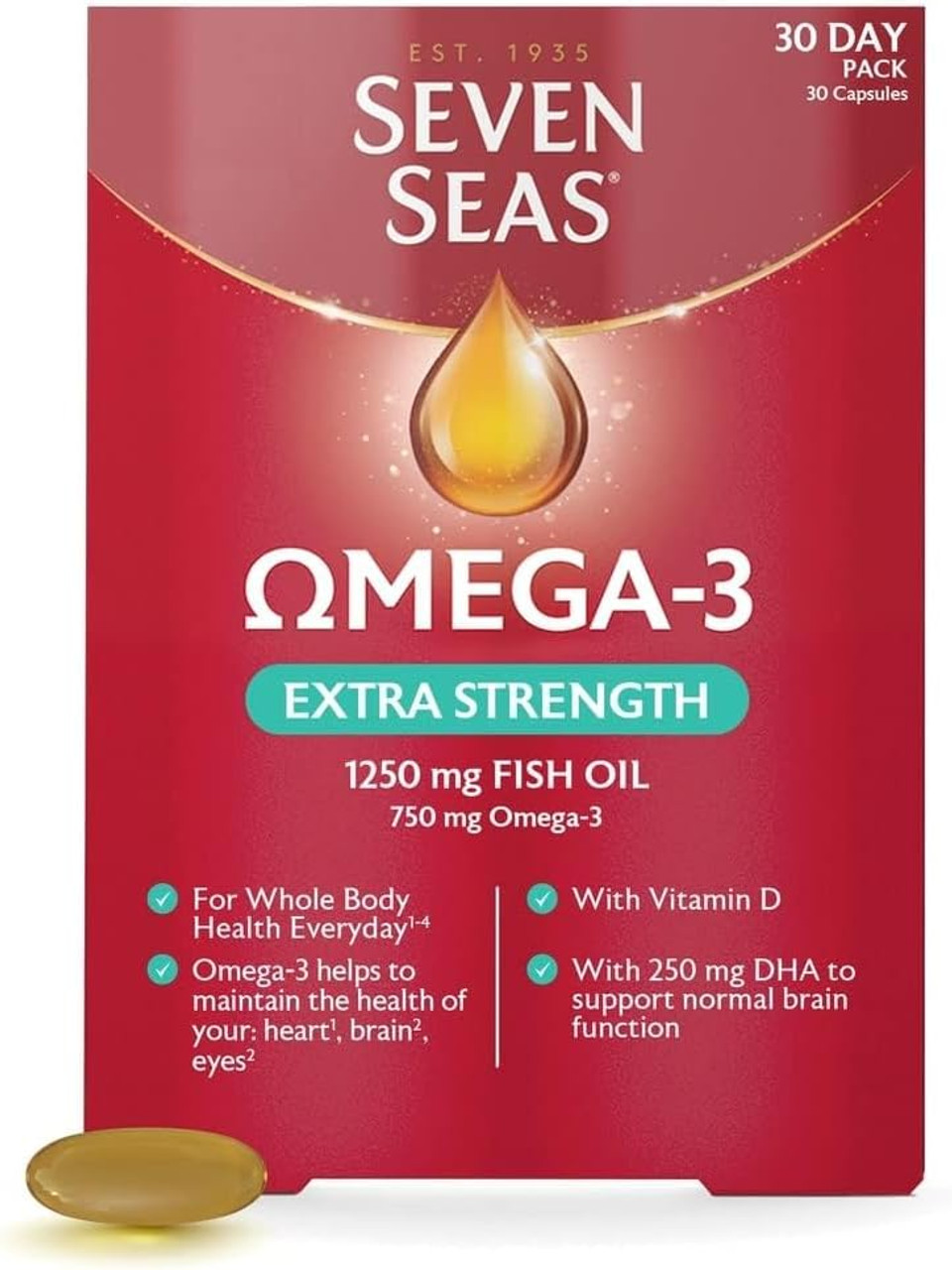 Seven Seas Omega-3 Fish Oil Extra Strength, One-A-Day, Vitamin D, 1250 mg Fish Oil, 750 Mg Omega-3 + 250 mg, 30 High Strength Tablets Seven Seas Omega-3 Fish Oil Extra Strength, One-A-Day, Vitamin D, 1250 mg Fish Oil, 750 Mg Omega-3 + 250 mg, 30 High Strength Tablets