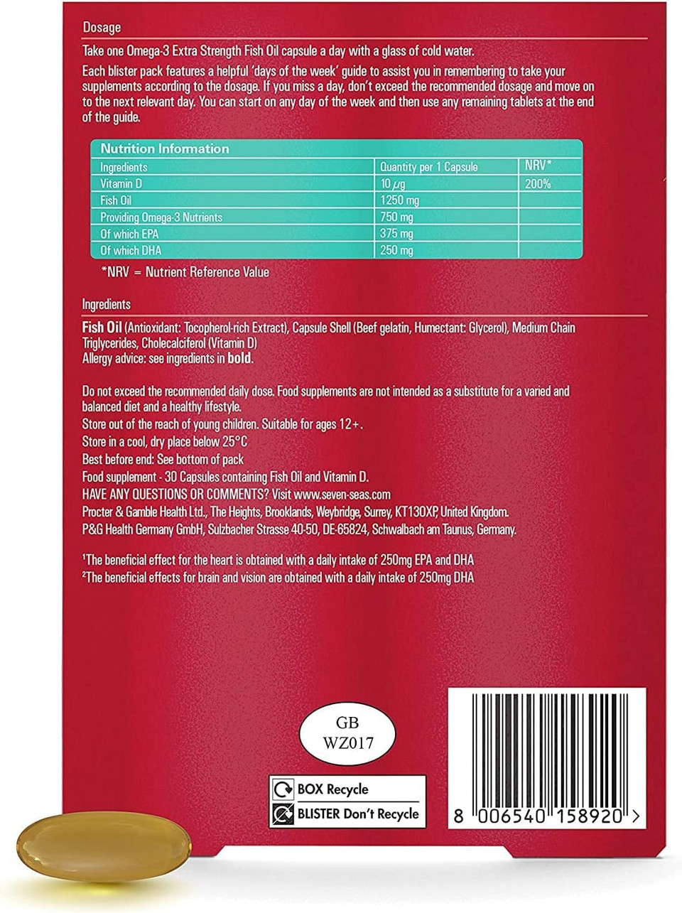 Seven Seas Omega-3 Fish Oil Extra Strength, One-A-Day, Vitamin D, 1250 mg Fish Oil, 750 Mg Omega-3 + 250 mg, 30 High Strength Tablets Seven Seas Omega-3 Fish Oil Extra Strength, One-A-Day, Vitamin D, 1250 mg Fish Oil, 750 Mg Omega-3 + 250 mg, 30 High Strength Tablets