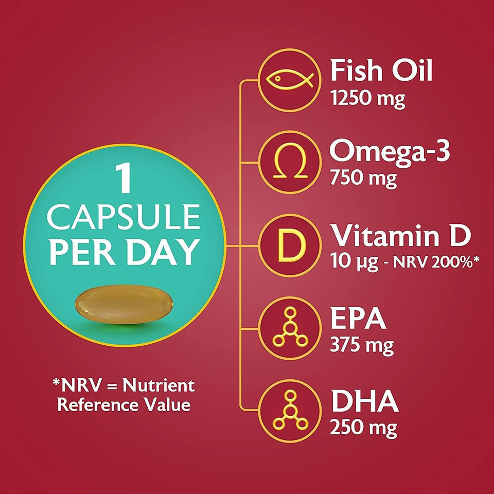 Seven Seas Omega-3 Fish Oil Extra Strength, One-A-Day, Vitamin D, 1250 mg Fish Oil, 750 Mg Omega-3 + 250 mg, 30 High Strength Tablets Seven Seas Omega-3 Fish Oil Extra Strength, One-A-Day, Vitamin D, 1250 mg Fish Oil, 750 Mg Omega-3 + 250 mg, 30 High Strength Tablets