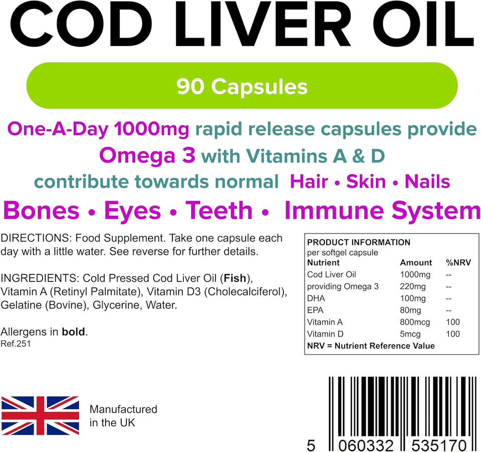 Lindens Cod Liver Oil 1000Mg Capsules - 90 Pack - High In Omega 3, Vitamins A & D Contributes Towards Normal Skin, Hair, Nails, Bones, Eyes, Teeth, Brain & Immune System - Uk Manufacturer, Letterbox Friendly
