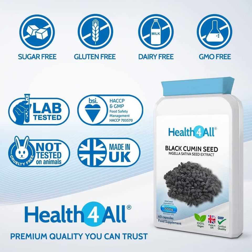 Black Cumin Seed 500mg 60 Capsules (V) (not Tablets) Nigella Sativa Vegan Immune Support Supplement. Made in The UK by Health4All