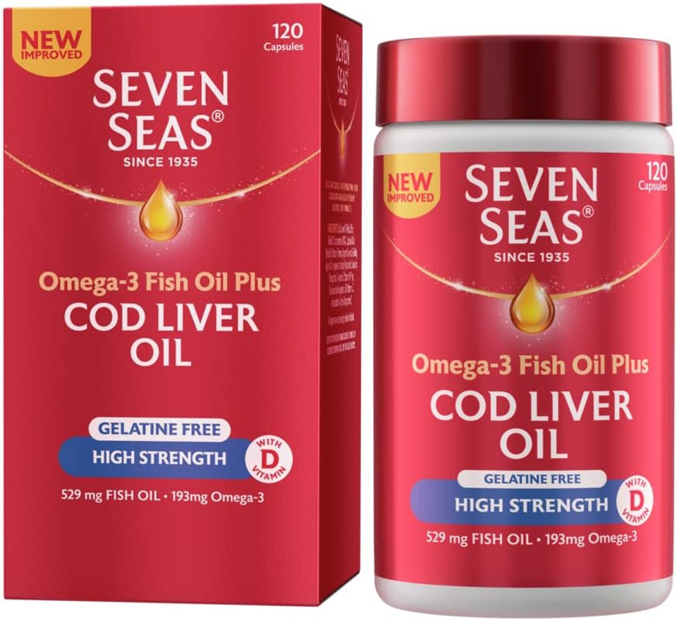Seven Seas High Strength Cod Liver Oil Tablets With Omega-3, Fish Oil, Gelatine Free, 120 Capsules, EPA & DHA, Plus High Strength Vitamin D