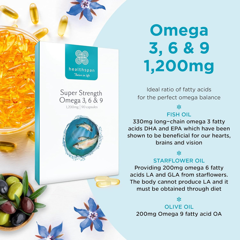 Healthspan Super Strength Omega 3, 6 & 9 1,200Mg (90 Capsules) | Brain, Eye & Heart Health | Omega 3, 6 & 9 Fatty Acids | Premium Fish, Borage & Extra-Virgin Olive Oils | Sustainably Sourced