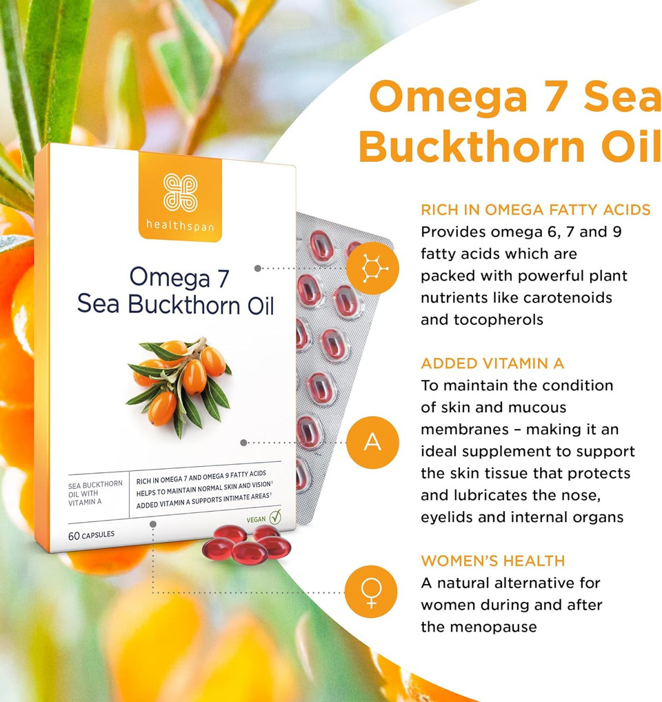 Healthspan Omega 7 Sea Buckthorn Oil 500Mg (60 Capsules) | Menopause Relief & Womenã¢ÂS Health | High Levels Of Omega 7 | Rich In Omega 9 Fatty Acids | Vitamin A | Carotenoids & Tocopherols | Vegan