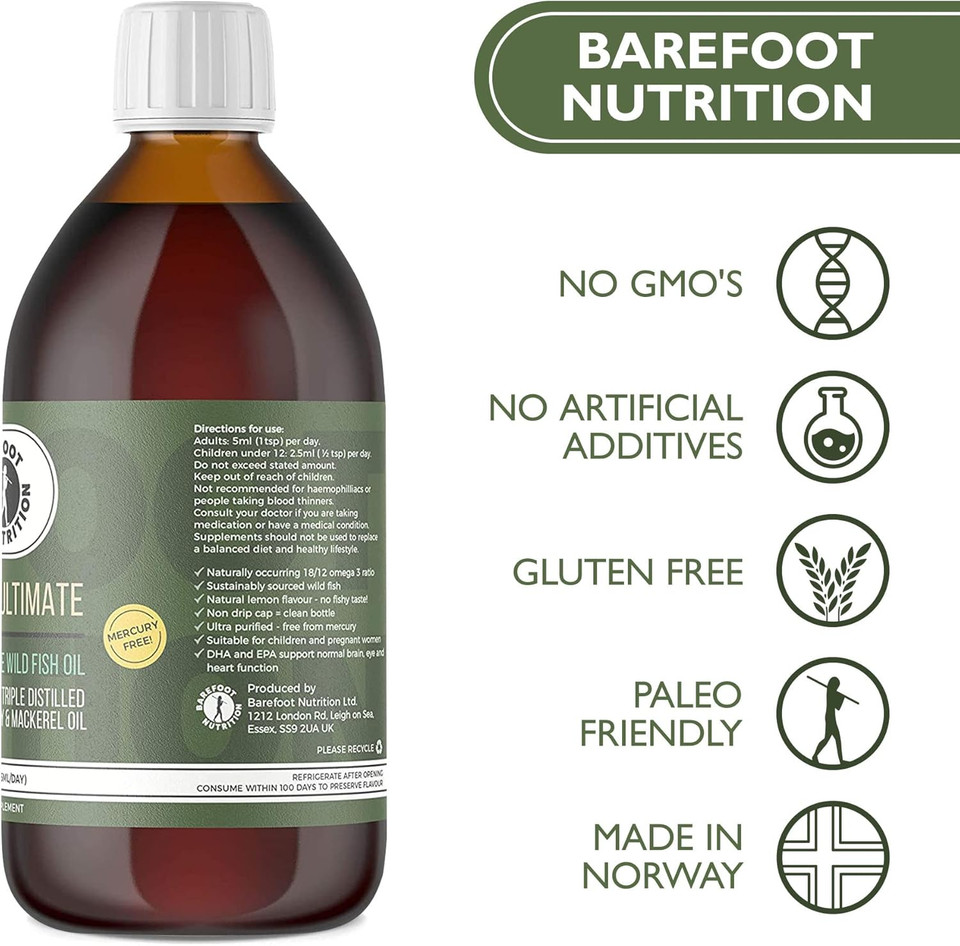 Barefoot Nutrition - Omega 3 Ultimate, Superior Grade Wild Fish Oil, Ultra Purified & Triple Distilled Sardine, Anchovy & Mackerel Oil - Sustainably Sourced - 100 Day Supply - 500ml