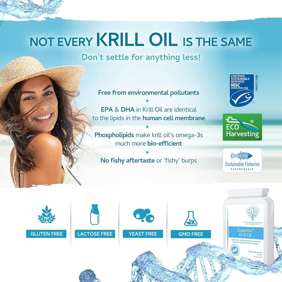 Superba Krill Oil Extract 500Mg 60 Capsules - 100% Pure Cold Pressed Antarctic Eco Harvested