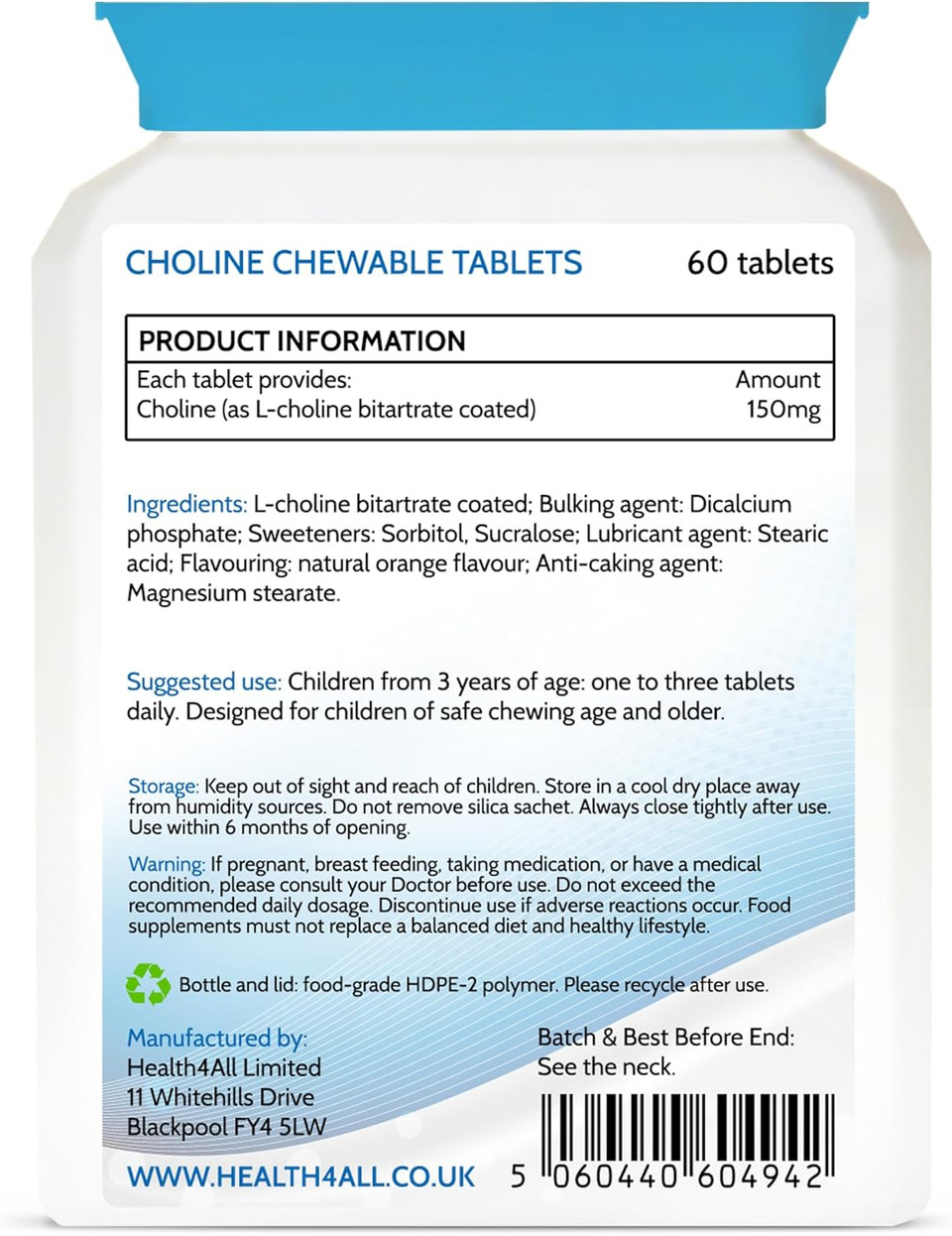 Health4All Kids Choline 150mg Chewable 60 Tablets Vegan Children's Supplement to Support Memory and Learning Health4All Kids Choline 150mg Chewable 60 Tablets Vegan Children's Supplement to Support Memory and Learning