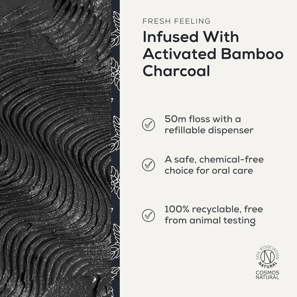 Georganics Natural Dental Floss Refill - Biodegradable with Natural Wax and Flavouring - Vegan, SLS, Cruelty and Gluten Free - Charcoal - 50m