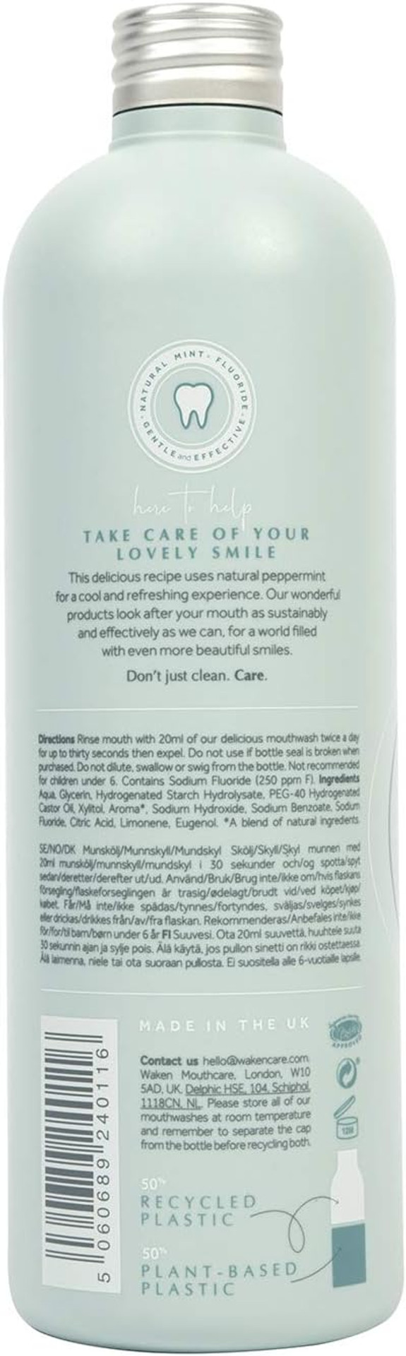 Waken Pepppermint Mouthwash For Fresh Breath 100 Natural Flavours Alcohol Free With Added Fluoride No Artificial Colours Or Flavourings Vegan Sustainable Award Winning, Peppermint, 500 Mlã¢Â