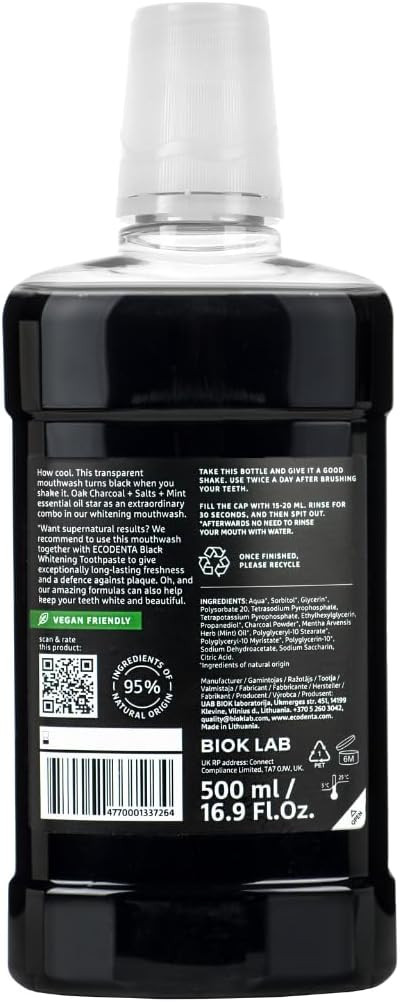 Ecodenta Extraordinary Teeth Whitening Mouthwash Alcohol Free - Fluoride Free Mouth Wash for Bad Breath 500ml