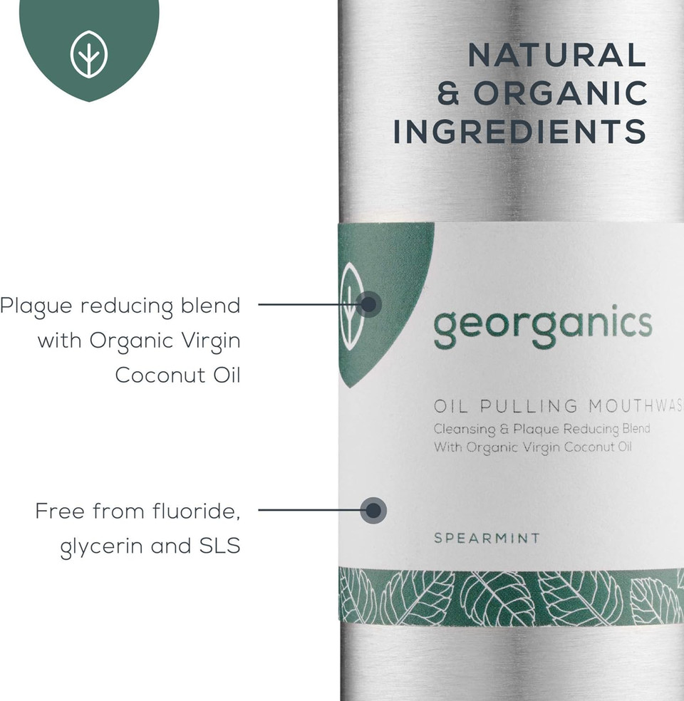 Georganics - Organic Whitening Oilpulling Mouthwash - Cleansing & Plaque Reducing Blend With Organic Virgin Coconut Oil - Vegan, Sls, Cruelty And Fluoride Free - Spearmint - 100Ml