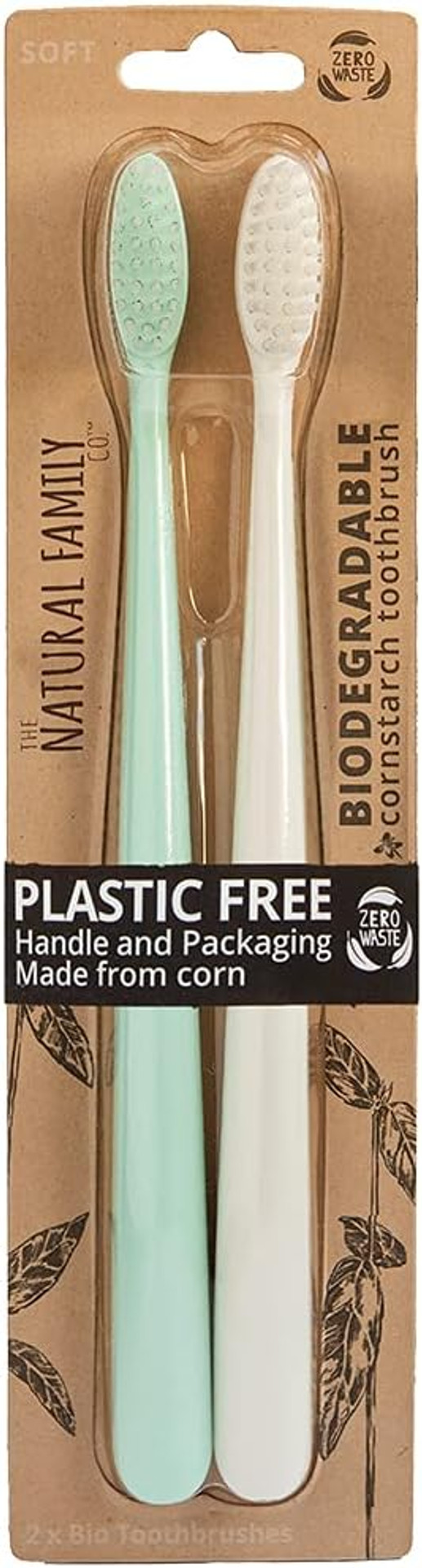 The Natural Family Co. Bio Toothbrush, Soft Nylon Bristles with Non GMO Cornstarch Handles, Plastic Free Packaging and Ivory Desert and Rivermint Twin Pack