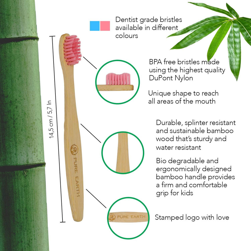 Kids Organic Bamboo Toothbrush-Natural Biodegradable Wooden Toothbrushes With Soft Child Size Bristles, For Dental Care And Sensitive Gums By Pure Earth Essentials (1 Piece Per Pack, Pink)
Color: Pink