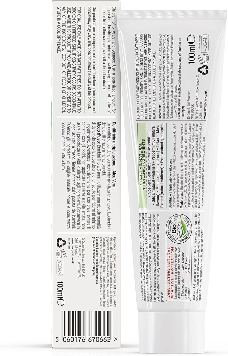 Dr Organic, Organic Aloe Vera Toothpaste, Natural , Vegan , Cruelty Free , Paraben & Sls Free , Whitening, Anti Cavity , Fresh , 100Ml