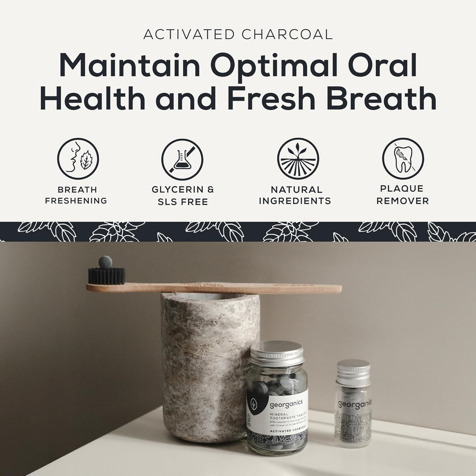 Georganics Mineral Toothtablets - Natural Effervescent Cleansing Tablets with Kaolin Clay - Vegan, SLS, Cruelty and Fluoride Free - Charcoal - 120 Tablets