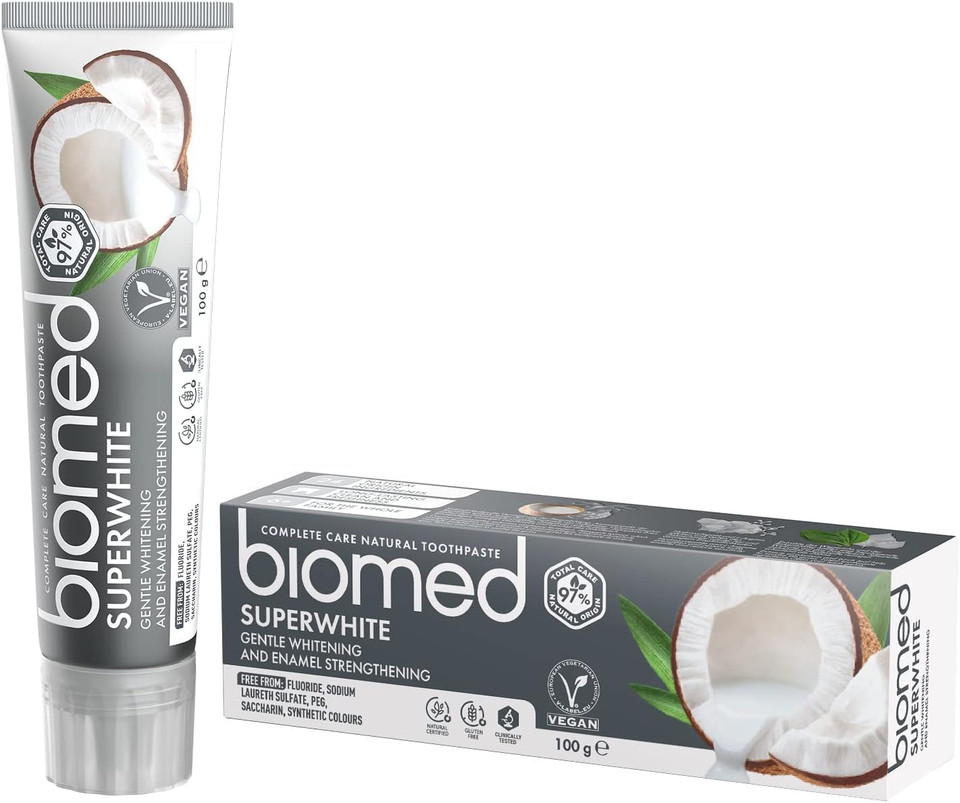 Biomed Superwhite 97% Natural Whitening Toothpaste | Enamel Strengthening | Coconut Flavour, Vegan, SLES Free 100g (Pack of 3)