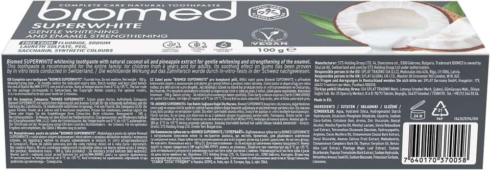 Biomed Superwhite 97% Natural Whitening Toothpaste | Enamel Strengthening | Coconut Flavour, Vegan, SLES Free 100g (Pack of 3)