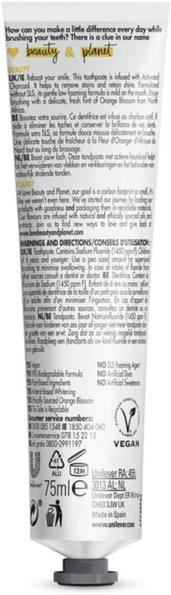 Love Beauty And Planet Detox Whitening Vegan, Sls Free Activated Charcoal And Orange Blossom Toothpaste For Teeth Whitening 75 Ml