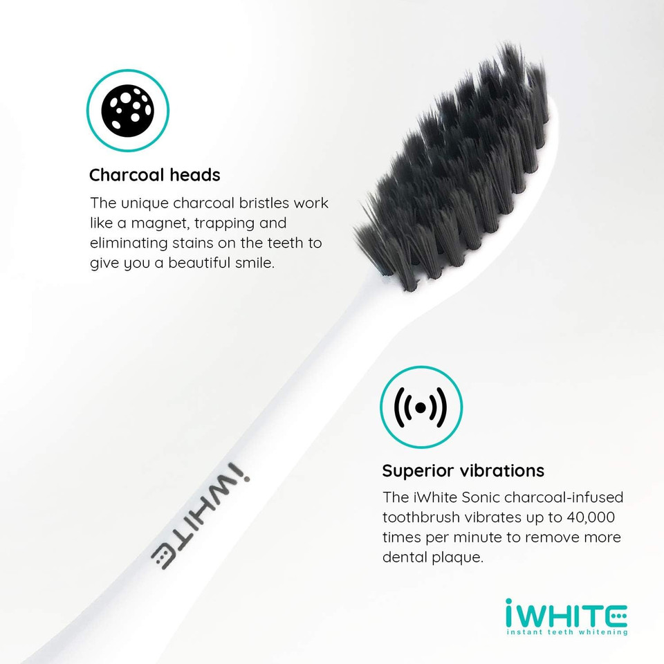 iWhite Sonic Electric Toothbrush - Rechargeable Electric Toothbrush for Adults - 5 Modes with 40000 VPM - One Charge Lasts for 3 Months - Charcoal Infused Bristles for Teeth Whitening - USB Charger