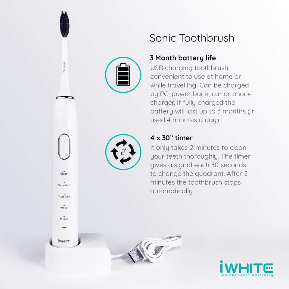 iWhite Sonic Electric Toothbrush - Rechargeable Electric Toothbrush for Adults - 5 Modes with 40000 VPM - One Charge Lasts for 3 Months - Charcoal Infused Bristles for Teeth Whitening - USB Charger