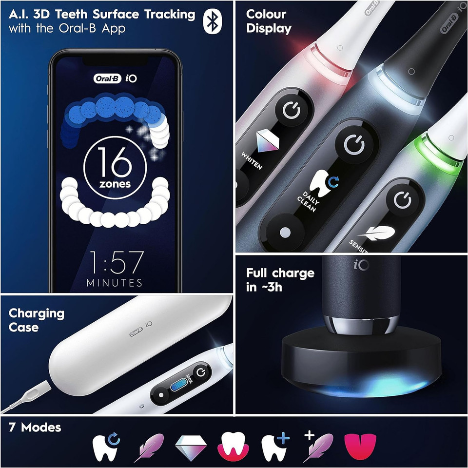 Oral-B Io9 Electric Toothbrushes For Adults, Christmas Gifts For Women / Him, App Connected Handle, 1 Toothbrush Head & Charging Travel Case, 7 Modes With Teeth Whitening, 2 Pin Uk Plug, Black