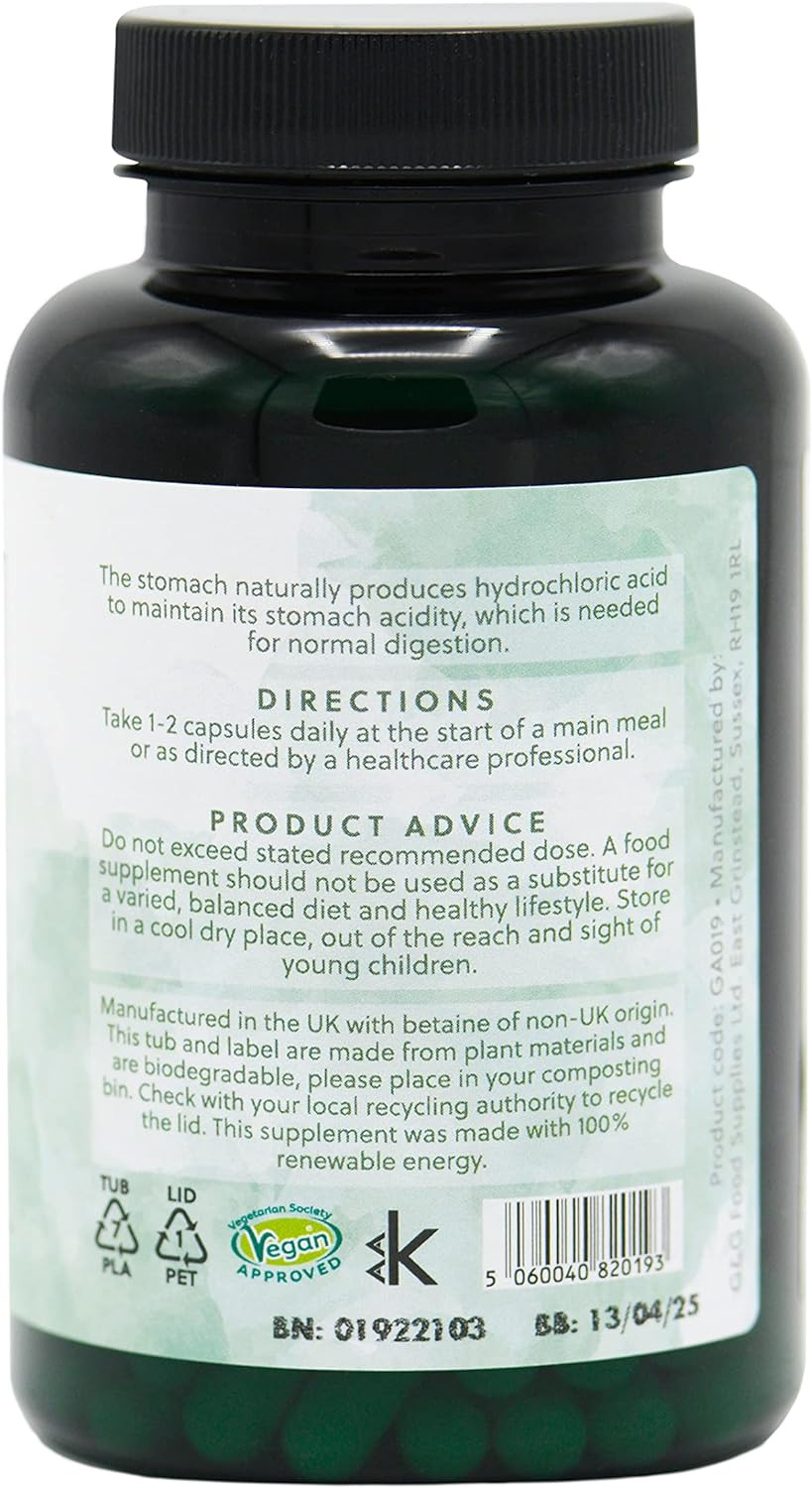 Betaine Hcl With Pepsin | 440Mg Betaine Per Capsule | 120 Vegan Capsules | Betaine Hydrochloride | G&G Vitamins