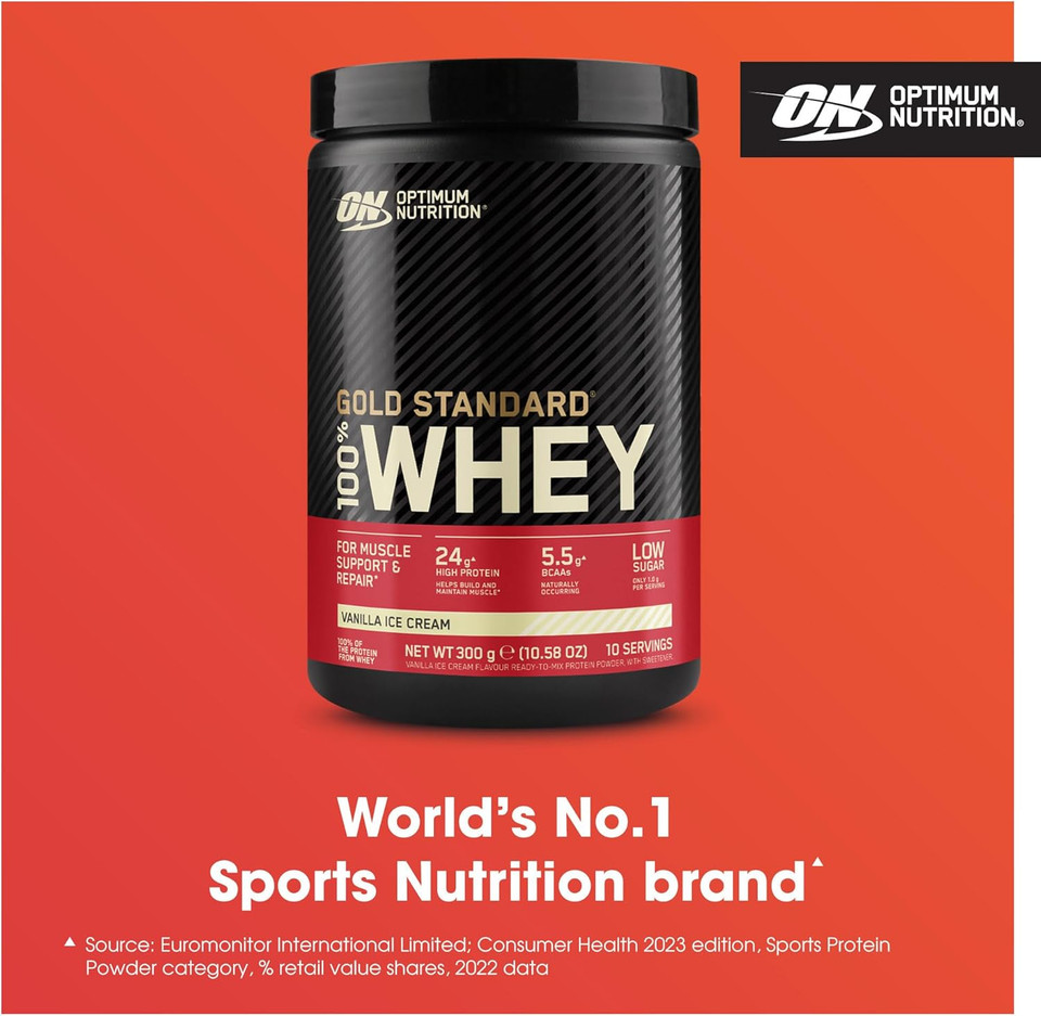 Optimum Nutrition Gold Standard 100% Whey Muscle Building and Recovery Protein Powder with Naturally Occurring Glutamine and BCAA Amino Acids, Delicious Strawberry Flavour, 10 Servings, 300g Optimum Nutrition Gold Standard 100% Whey Muscle Building and Recovery Protein Powder with Naturally Occurring Glutamine and BCAA Amino Acids, Delicious Strawberry Flavour, 10 Servings, 300g