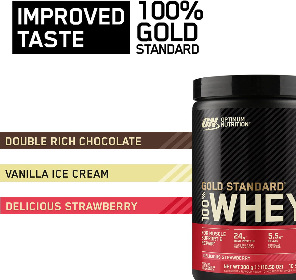 Optimum Nutrition Gold Standard 100% Whey Muscle Building And Recovery Protein Powder With Naturally Occurring Glutamine And Bcaa Amino Acids, Delicious Strawberry Flavour, 10 Servings, 300G