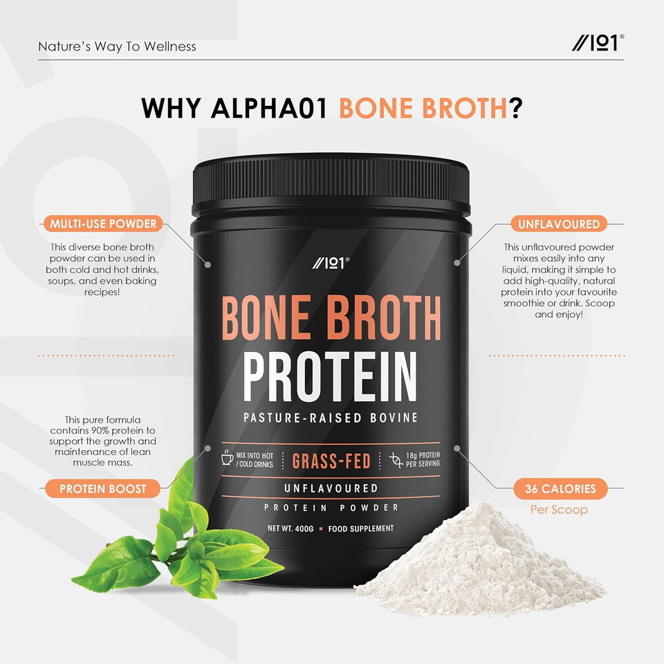 Bone Broth Beef Protein Powder - 400G - Unflavoured - 100% Grass-Fed & Pasture Raised Beef - Paleo & Keto Friendly. Halal, Kosher