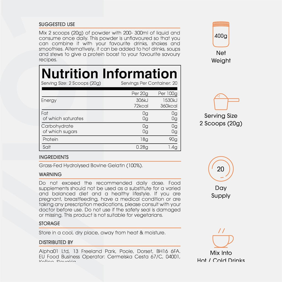 Bone Broth Beef Protein Powder - 400G - Unflavoured - 100% Grass-Fed & Pasture Raised Beef - Paleo & Keto Friendly. Halal, Kosher