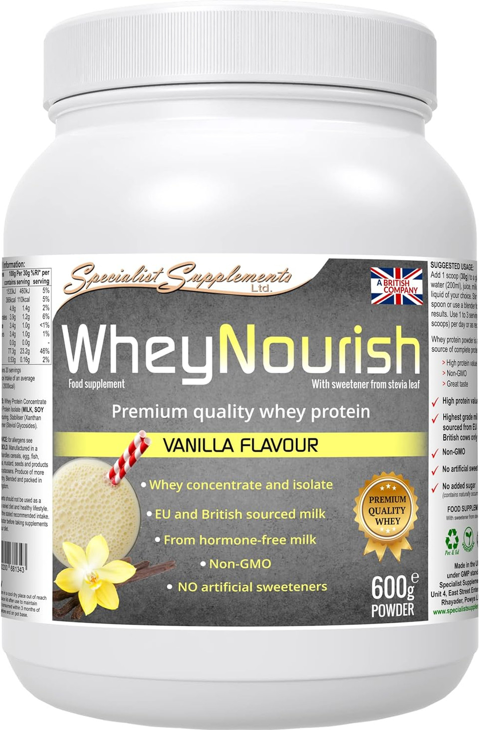 Specialist Supplements Wheynourish Vanilla Flavour Whey Protein Powder 600G