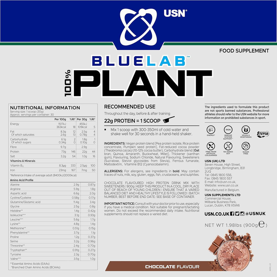 USN 100% Plant Protein Vanilla, Vegan Protein Powder (900g) A Sugar Free, Plant Based Protein Blend With No Soy and No Artificial Flavours
