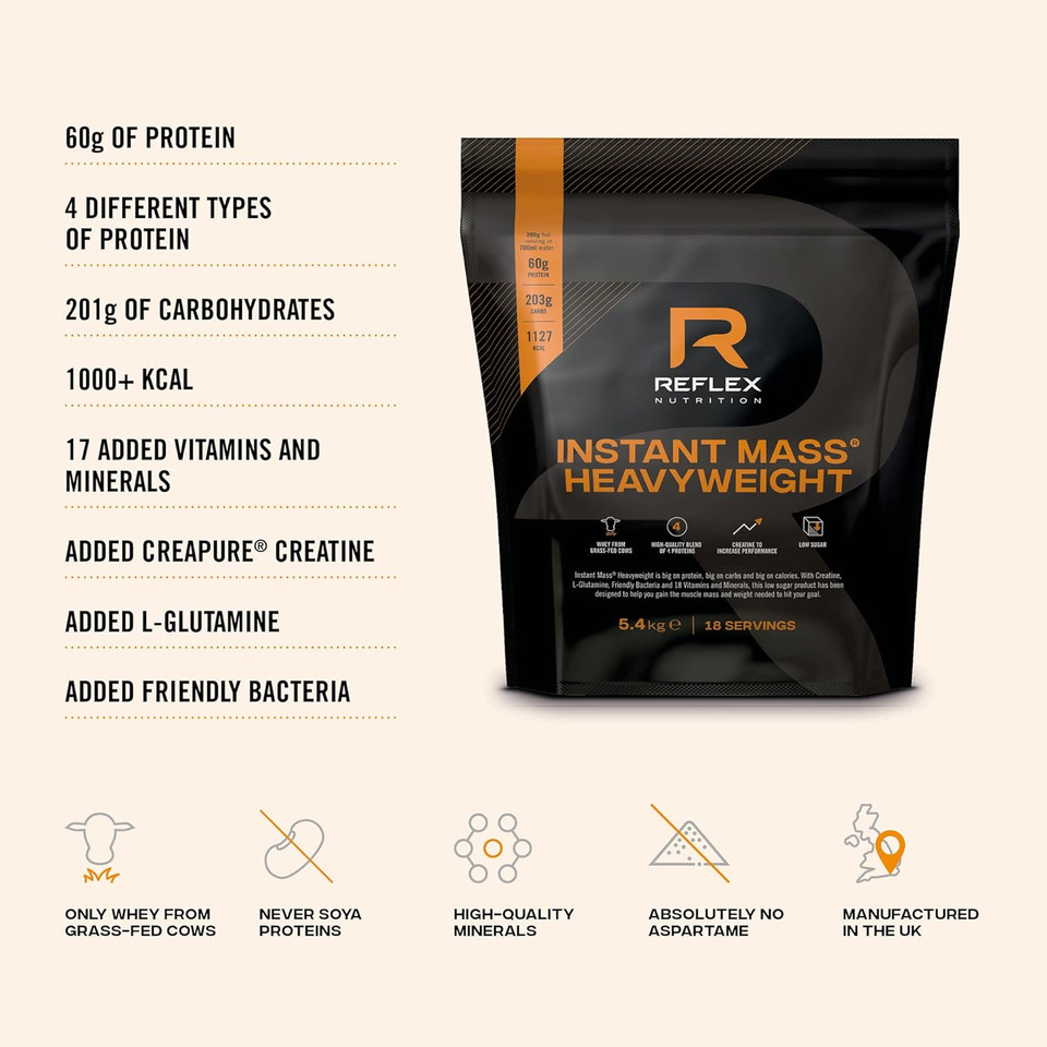 Reflex Nutrition Instant Mass Heavyweight, Mass Protein Powder, Over 1000 Calories Per Serving, 60G Protein, 18 Vitamins (Strawberries & Cream) (2Kg)

Size: 2Kg