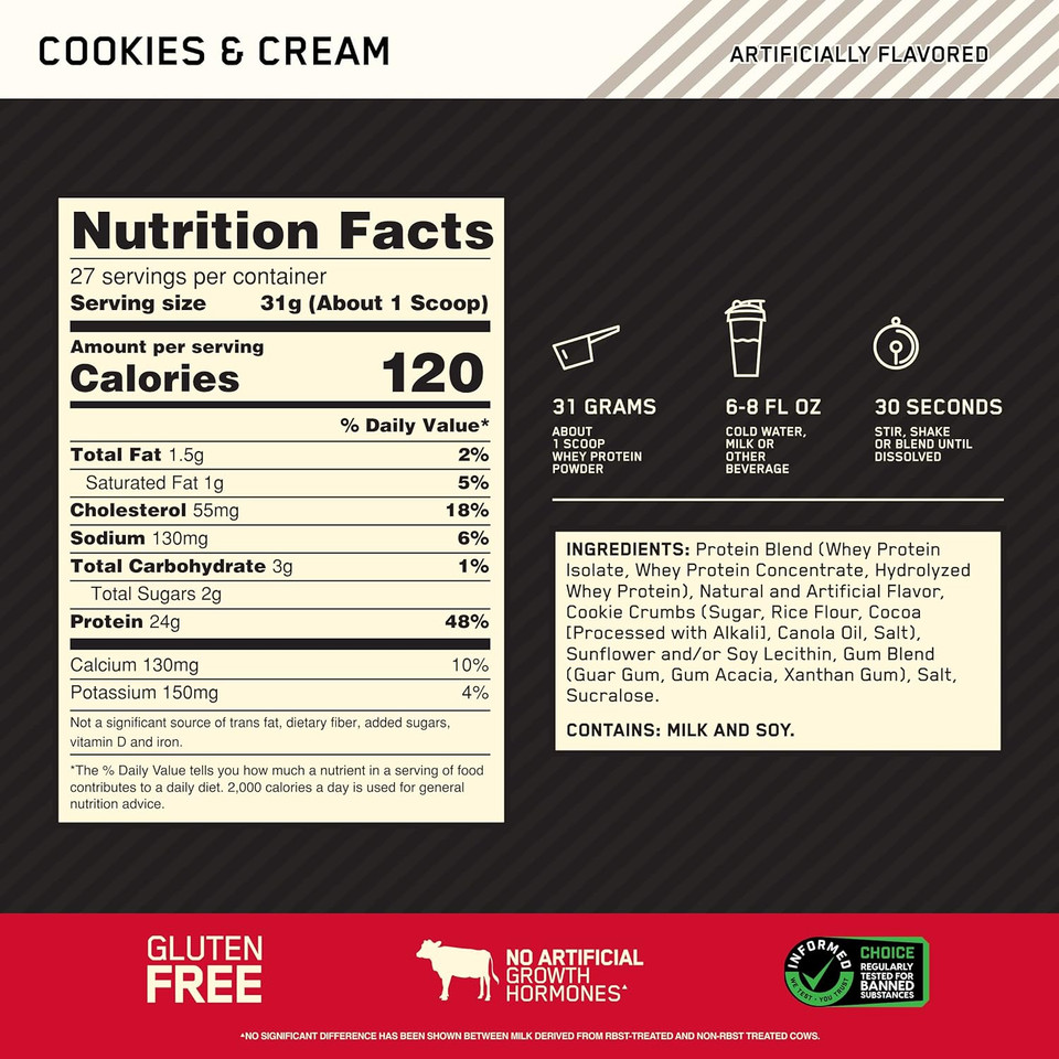 Optimum Nutrition Gold Standard 100% Whey Protein, Muscle Building Powder With Naturally Occurring Glutamine And Bcaa Amino Acids, Cookies And Cream Flavour, 28 Servings, 896 G