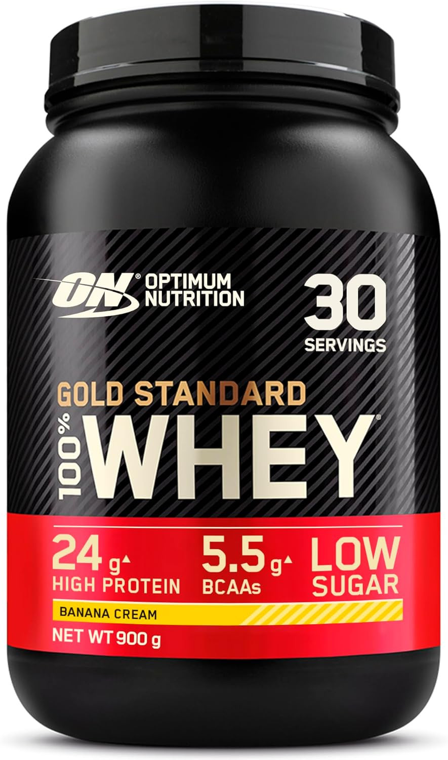 Optimum Nutrition Gold Standard 100% Whey Muscle Building and Recovery Protein Powder With Naturally Occurring Glutamine and BCAA Amino Acids, Banana Cream Flavour, 30 Servings, 900 g