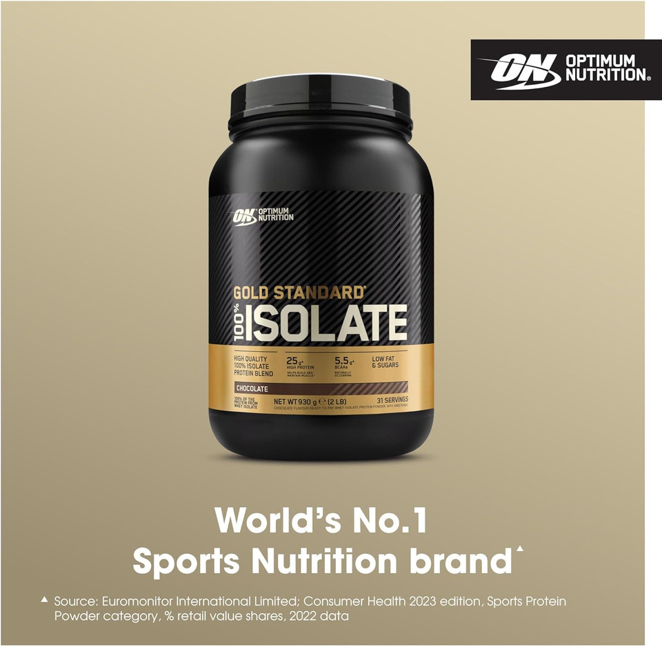 Optimum Nutrition ON Gold Standard 100% Isolate Pure Whey Protein, Naturally Occurring BCAAs and Glutamine, Pre and Post Workout, Chocolate Flavour, 31 Servings, 930 g