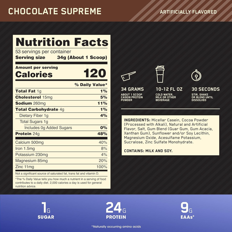 Optimum Nutrition Gold Standard 100% Casein Slow Digesting Protein Powder with Zinc and Magnesium, Support Muscle Growth & Repair Overnight, Chocolate Supreme, 55 Servings, 1.82 kg