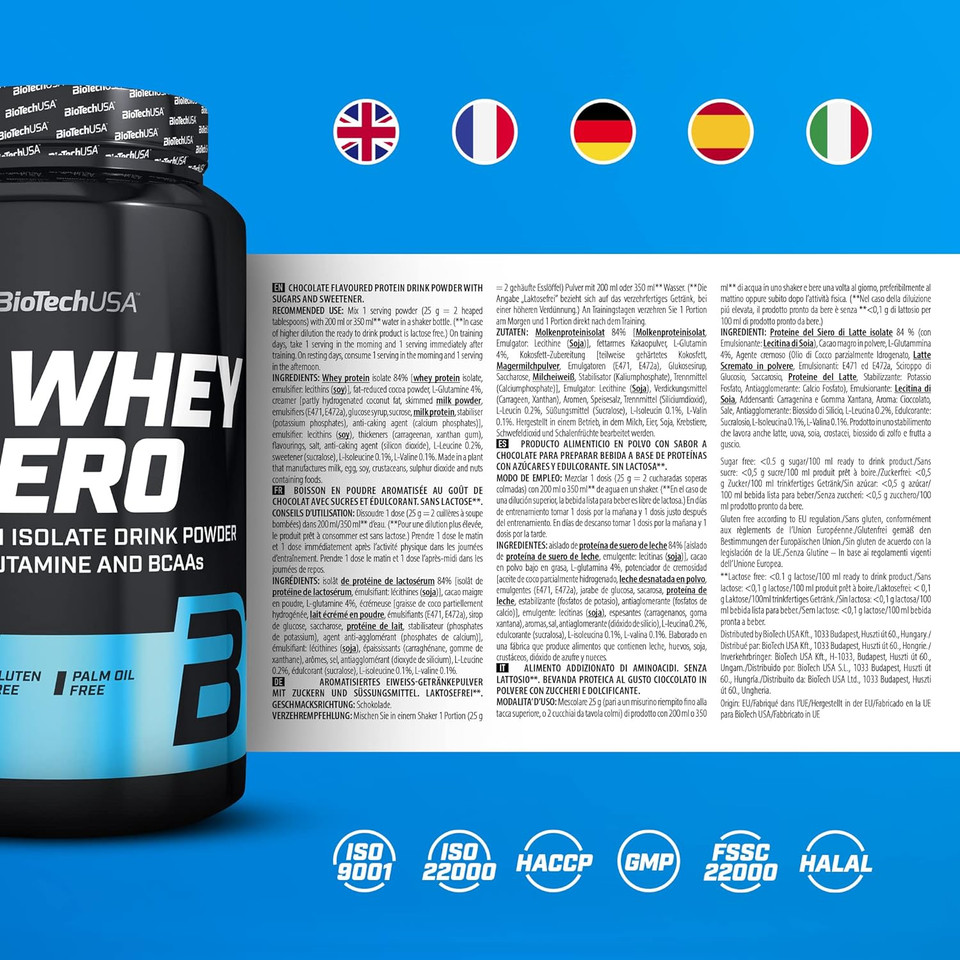 Biotechusa Iso Whey Zero, Lactose, Gluten, Sugar Free, Premium Whey Protein Isolate, 2.27 Kg, Chocolate