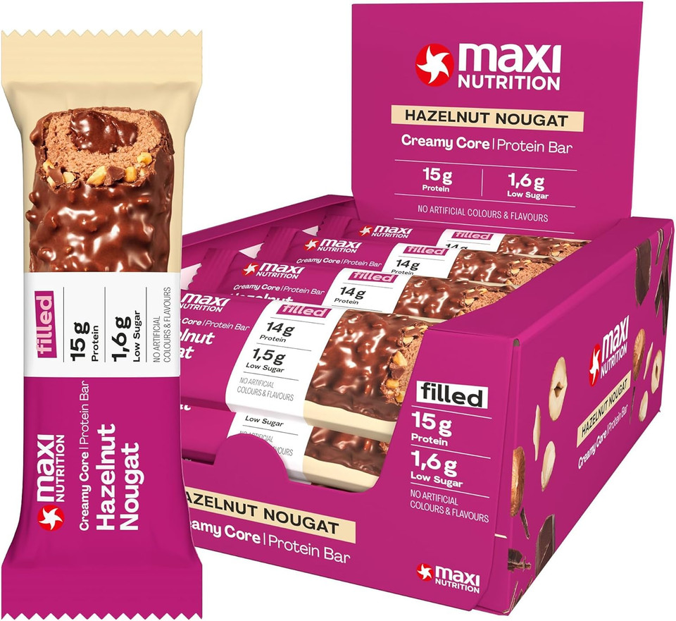 MaxiNutrition Creamy Core Protein Bar - High Protein Snack - Fat-Free, Low in Sugar - 14g Protein - Hazelnut Nougat, 200 kcal per Serving, 12 x 45g