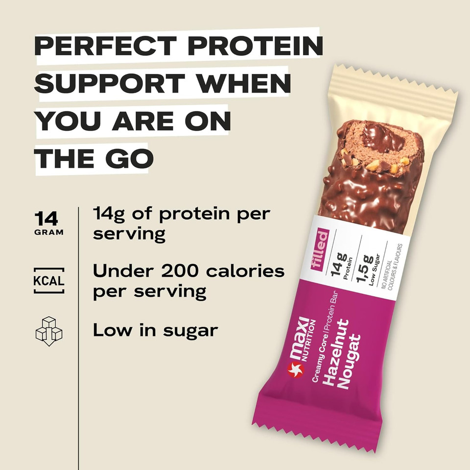 MaxiNutrition Creamy Core Protein Bar - High Protein Snack - Fat-Free, Low in Sugar - 14g Protein - Hazelnut Nougat, 200 kcal per Serving, 12 x 45g