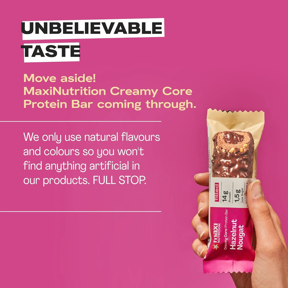 MaxiNutrition Creamy Core Protein Bar - High Protein Snack - Fat-Free, Low in Sugar - 14g Protein - Hazelnut Nougat, 200 kcal per Serving, 12 x 45g