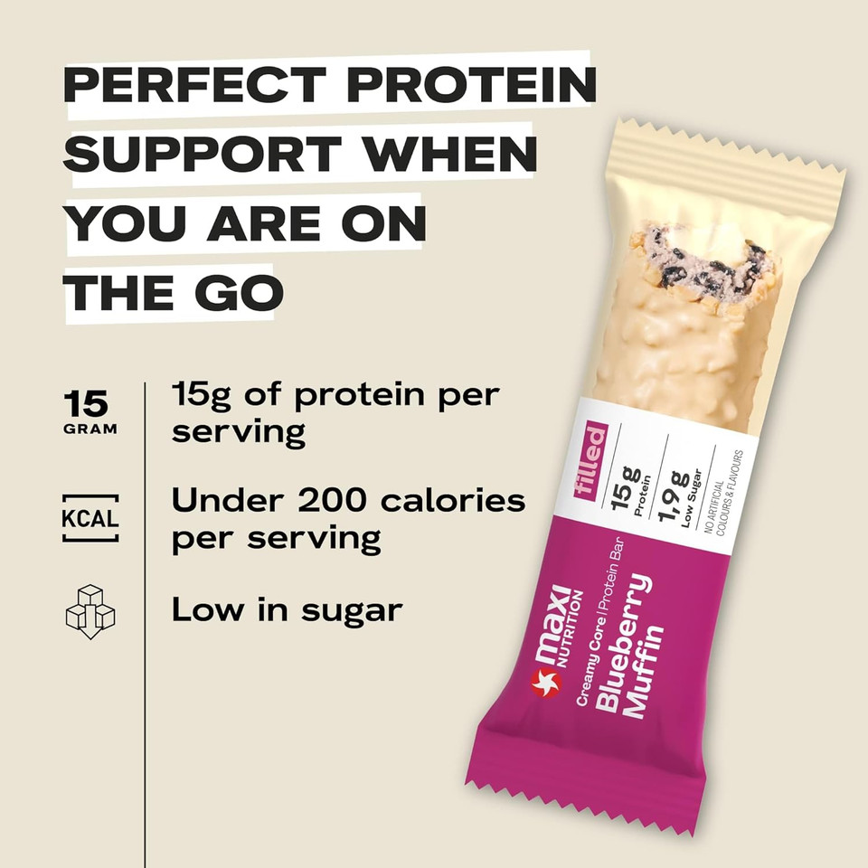 MaxiNutrition Creamy Core Protein Bar - High Protein Snack - Fat-Free, Low in Sugar - 15g Protein - Blueberry Muffin, 200 kcal per Serving, 12 x 45g