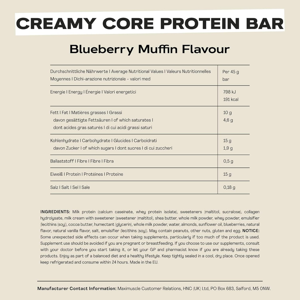 MaxiNutrition Creamy Core Protein Bar - High Protein Snack - Fat-Free, Low in Sugar - 15g Protein - Blueberry Muffin, 200 kcal per Serving, 12 x 45g