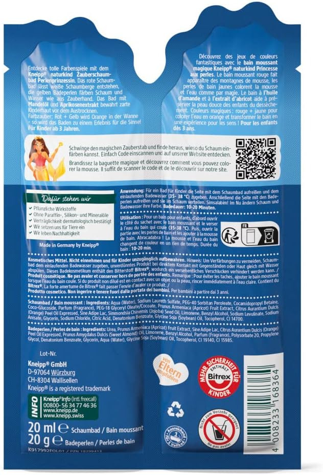 Kneipp Naturkind Pearl Princess Bath Fun - Children'S Bath With Unique 2-In-1 Foam Bath (20 Ml) & Bath Beads (20 G) - Red Water, White Foam Mountains & Yellow Bath Beads